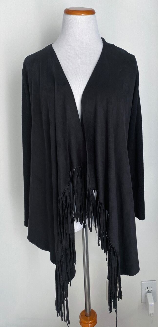 NWT! C. Oliver Black Long Sleeve Open Wrap with Fringe Hem, Faux Suede, Small